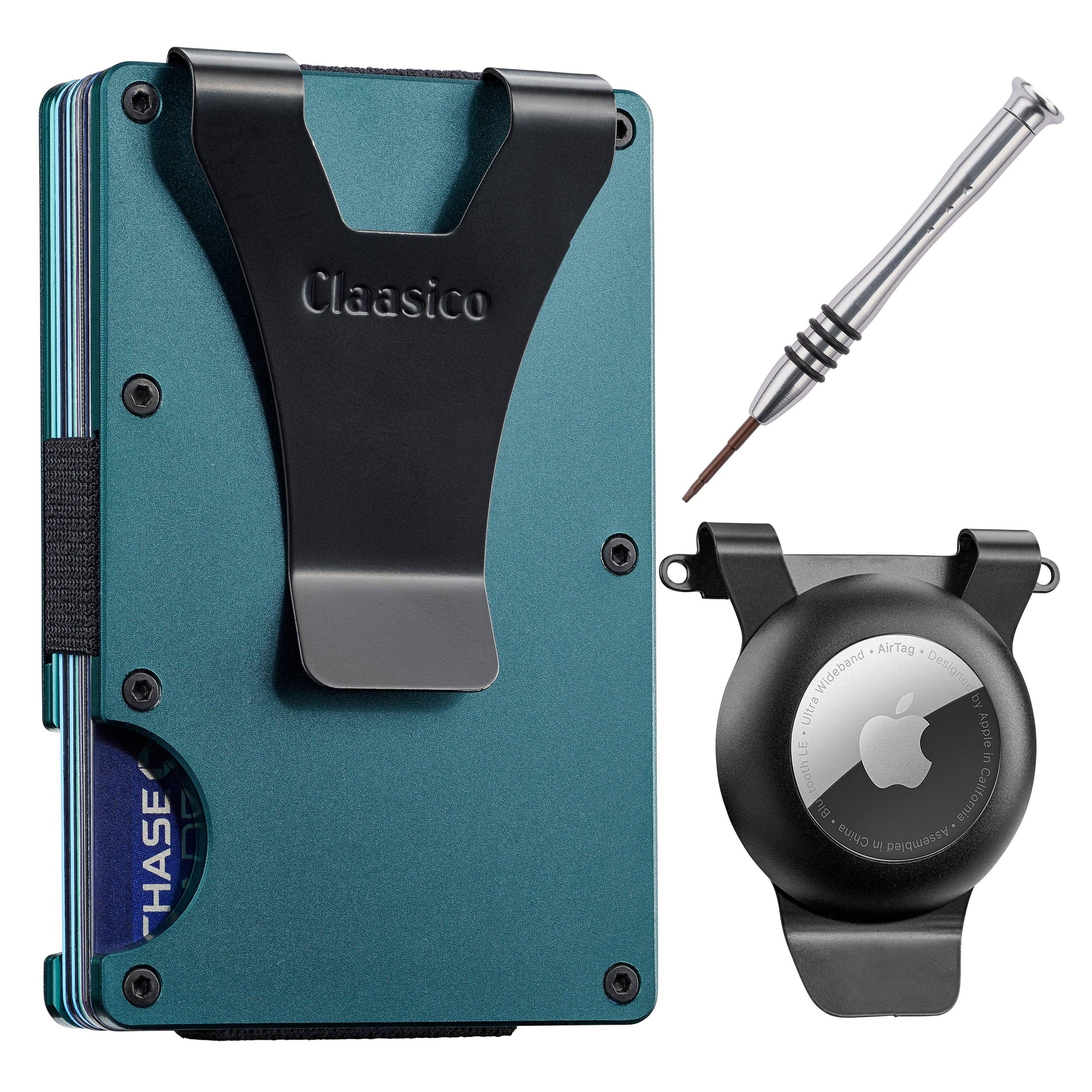 Claasico Claasico - Slim Metal Wallet & Money Clip - Card Holder, Expandable Elastic Strap Compatible with Apple Airtag: Grey
