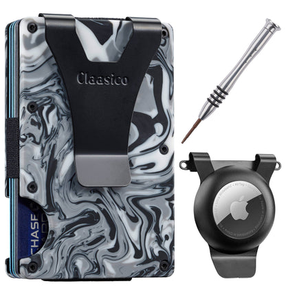 Claasico Claasico - Slim Metal Wallet & Money Clip - Card Holder, Expandable Elastic Strap Compatible with Apple Airtag: Grey