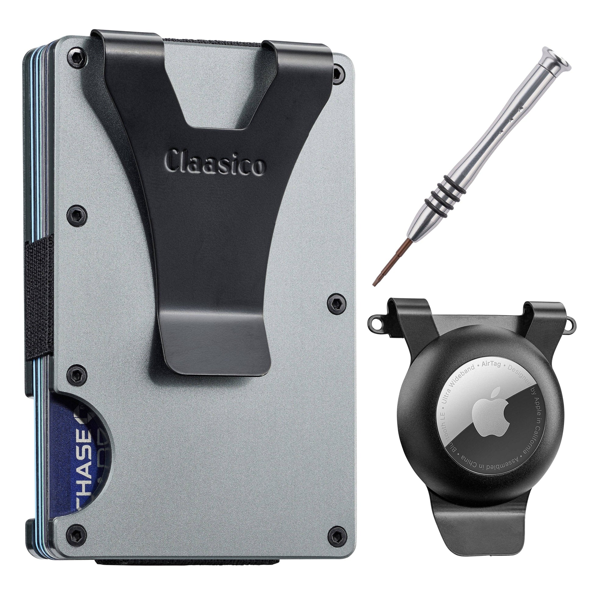 Claasico Claasico - Slim Metal Wallet & Money Clip - Card Holder, Expandable Elastic Strap Compatible with Apple Airtag: Grey
