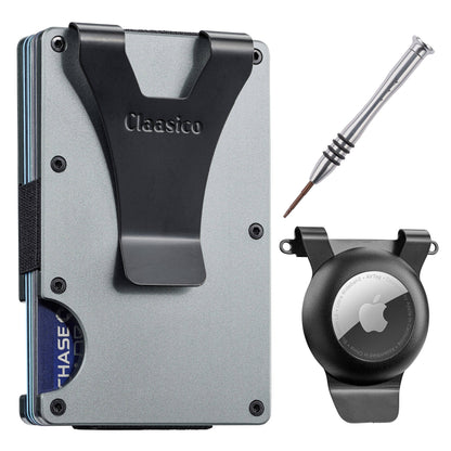 Claasico Claasico - Slim Metal Wallet & Money Clip - Card Holder, Expandable Elastic Strap Compatible with Apple Airtag: Grey