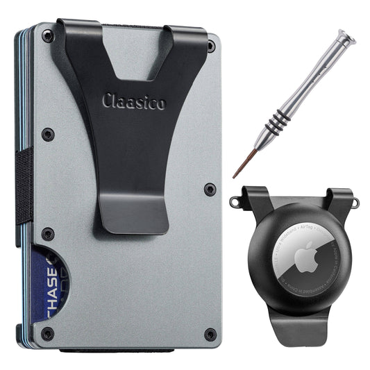 Claasico Claasico - Slim Metal Wallet & Money Clip - Card Holder, Expandable Elastic Strap Compatible with Apple Airtag: Grey