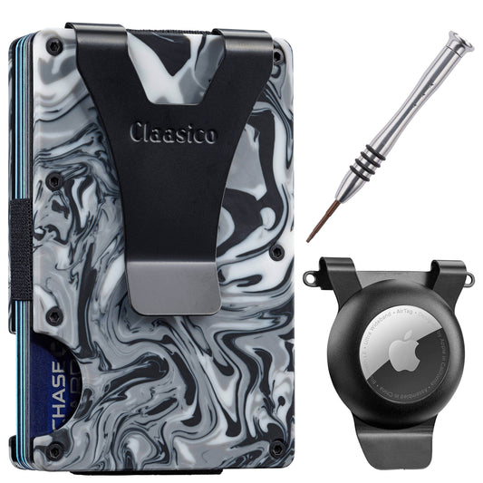 Claasico Claasico - Slim Metal Wallet & Money Clip - Card Holder, Expandable Elastic Strap Compatible with Apple Airtag: Marble