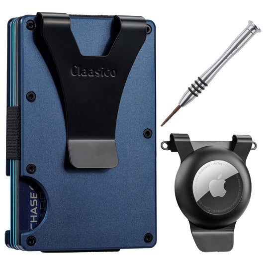 Claasico Claasico - Slim Metal Wallet & Money Clip - Card Holder, Expandable Elastic Strap Compatible with Apple Airtag: Nevy Blue