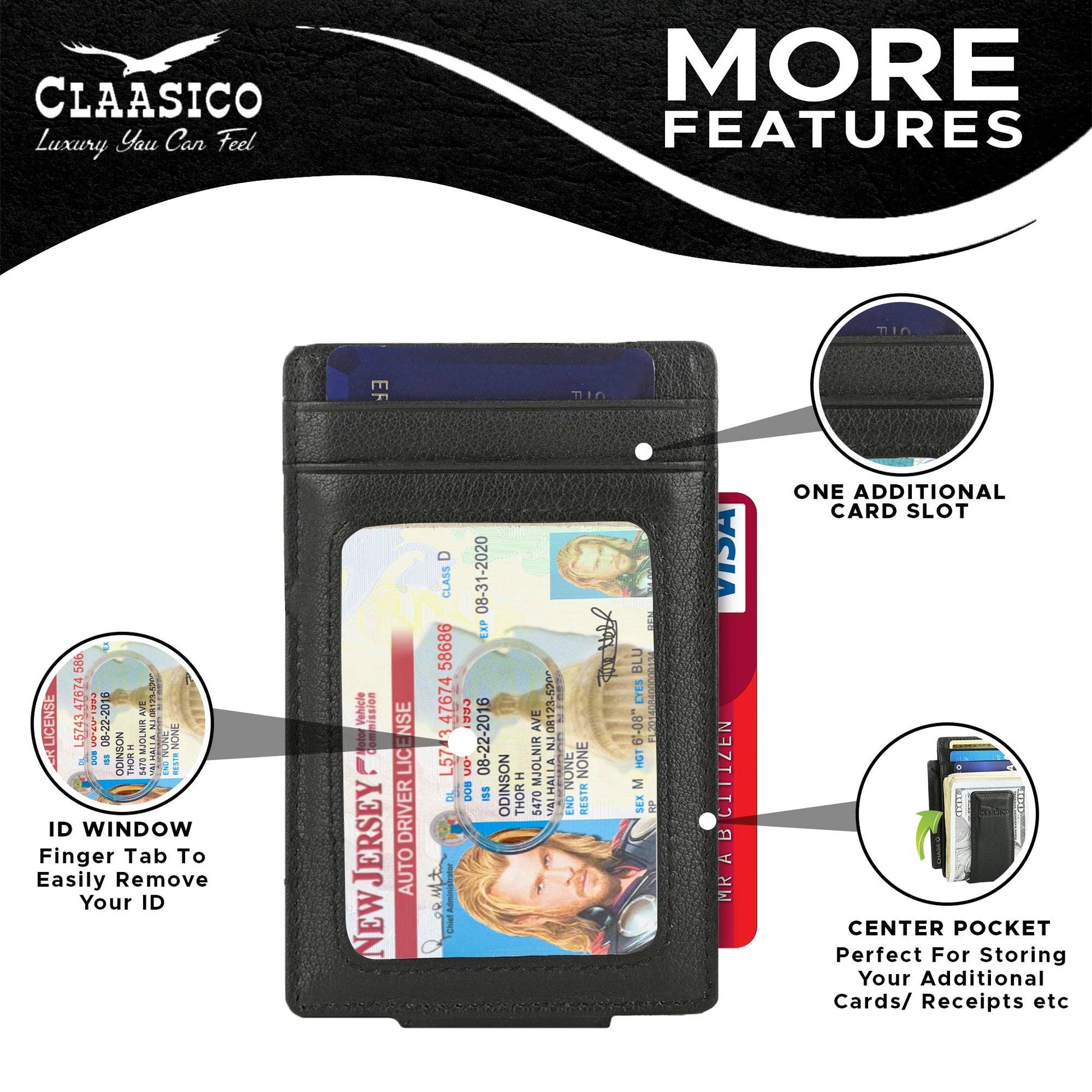 Claasico Claasico - Slim Money Clip Leather Wallet: Black-tumbled Leather