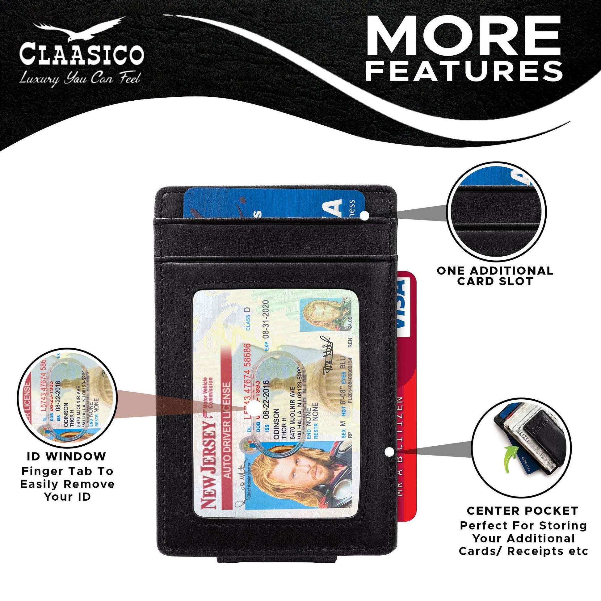 Claasico Claasico - Slim Money Clip Leather Wallet: Black-tumbled Leather
