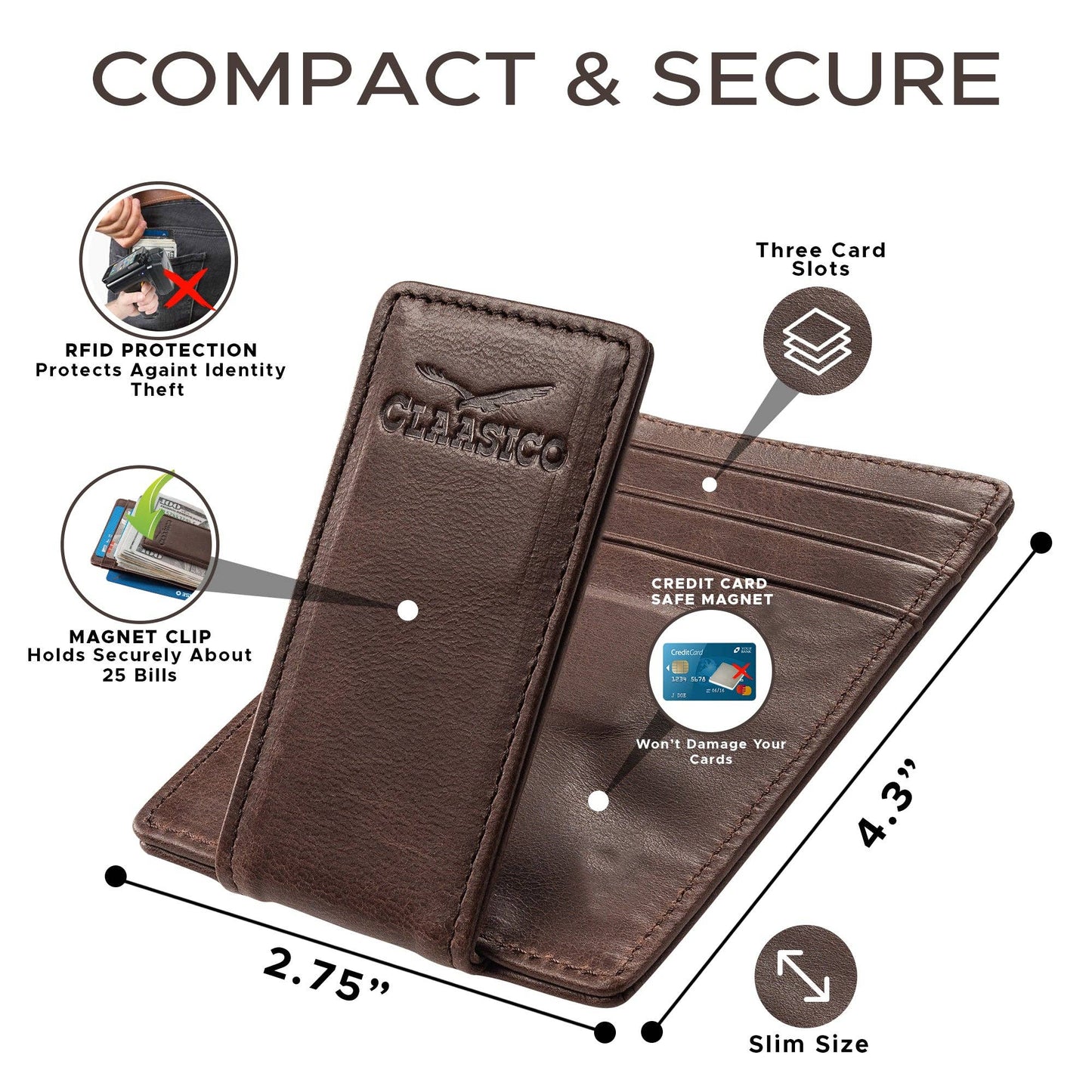 Claasico Claasico - Slim Money Clip Leather Wallet: Coffee