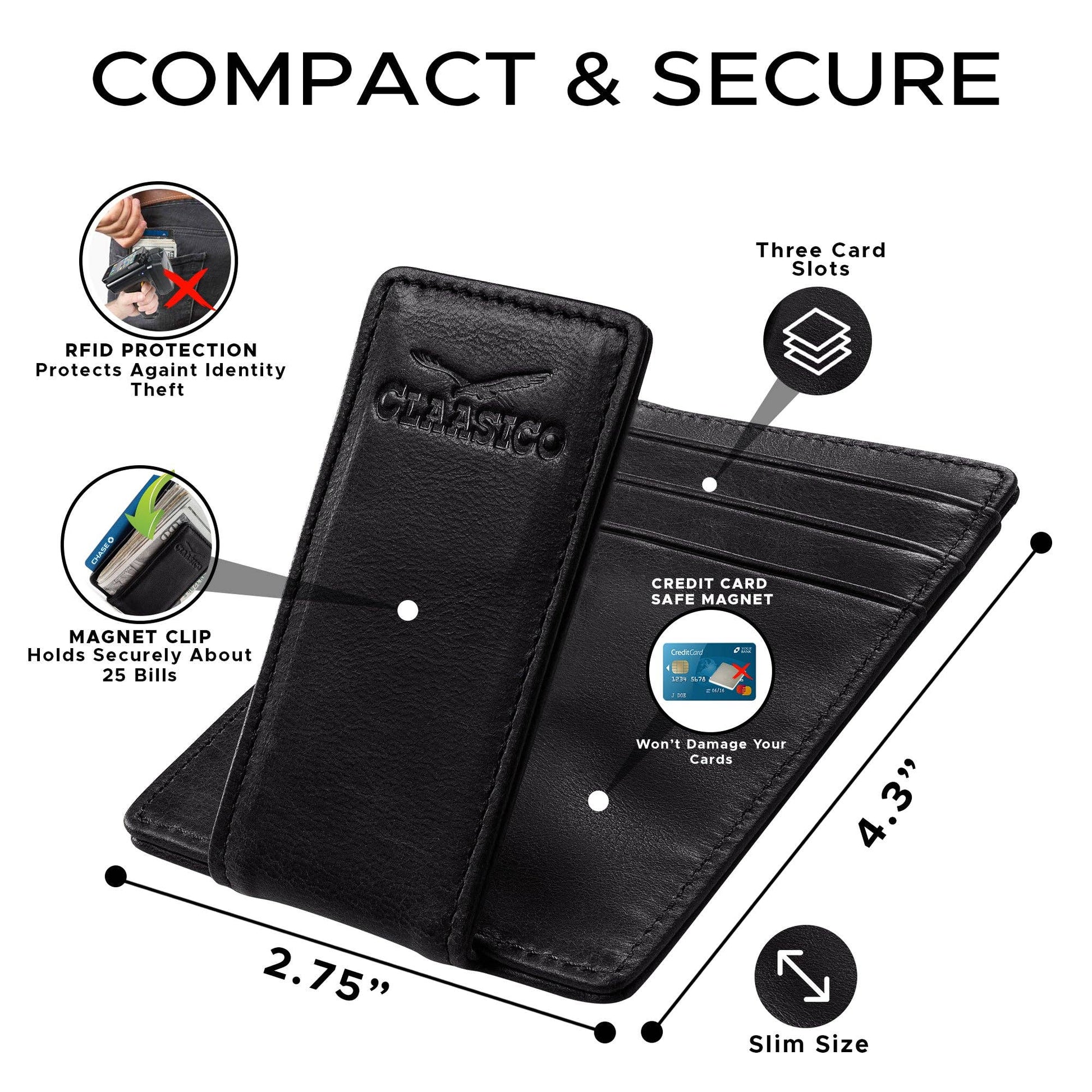 Claasico Claasico - Slim Money Clip Leather Wallet: Crosshatch Black