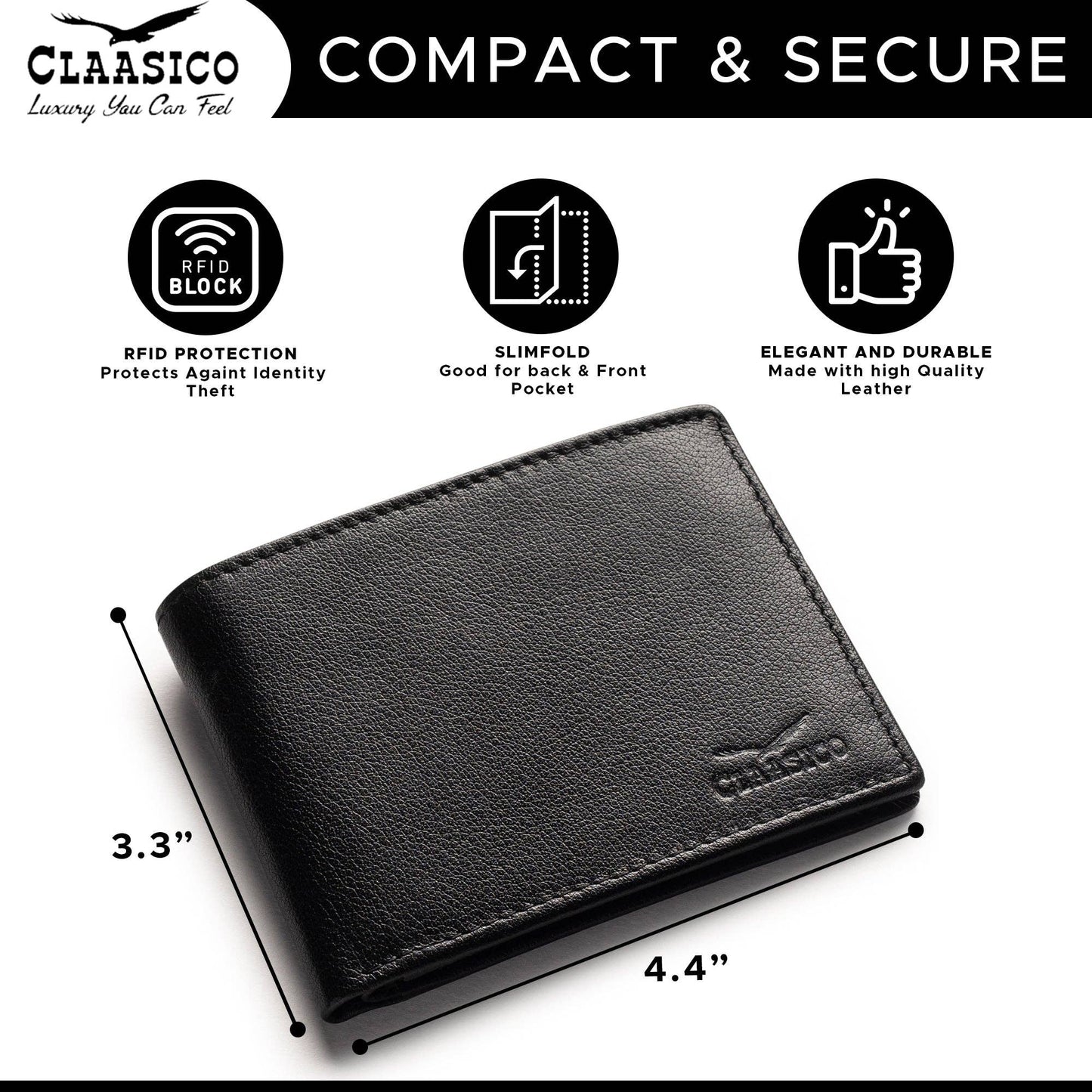 Claasico Claasico - Slimfold Bifold Leather wallet for men: Black-smooth Leather
