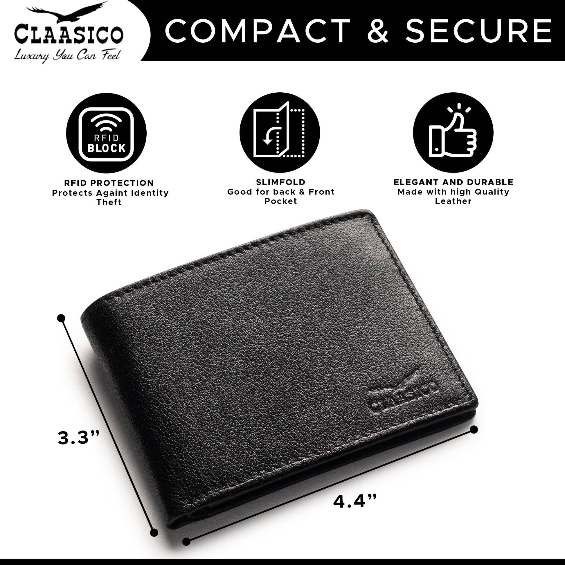 Claasico Claasico - Slimfold Bifold Leather wallet for men: Black-smooth Leather
