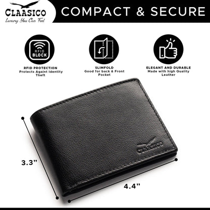 Claasico Claasico - Slimfold Bifold Leather wallet for men: Black-smooth Leather