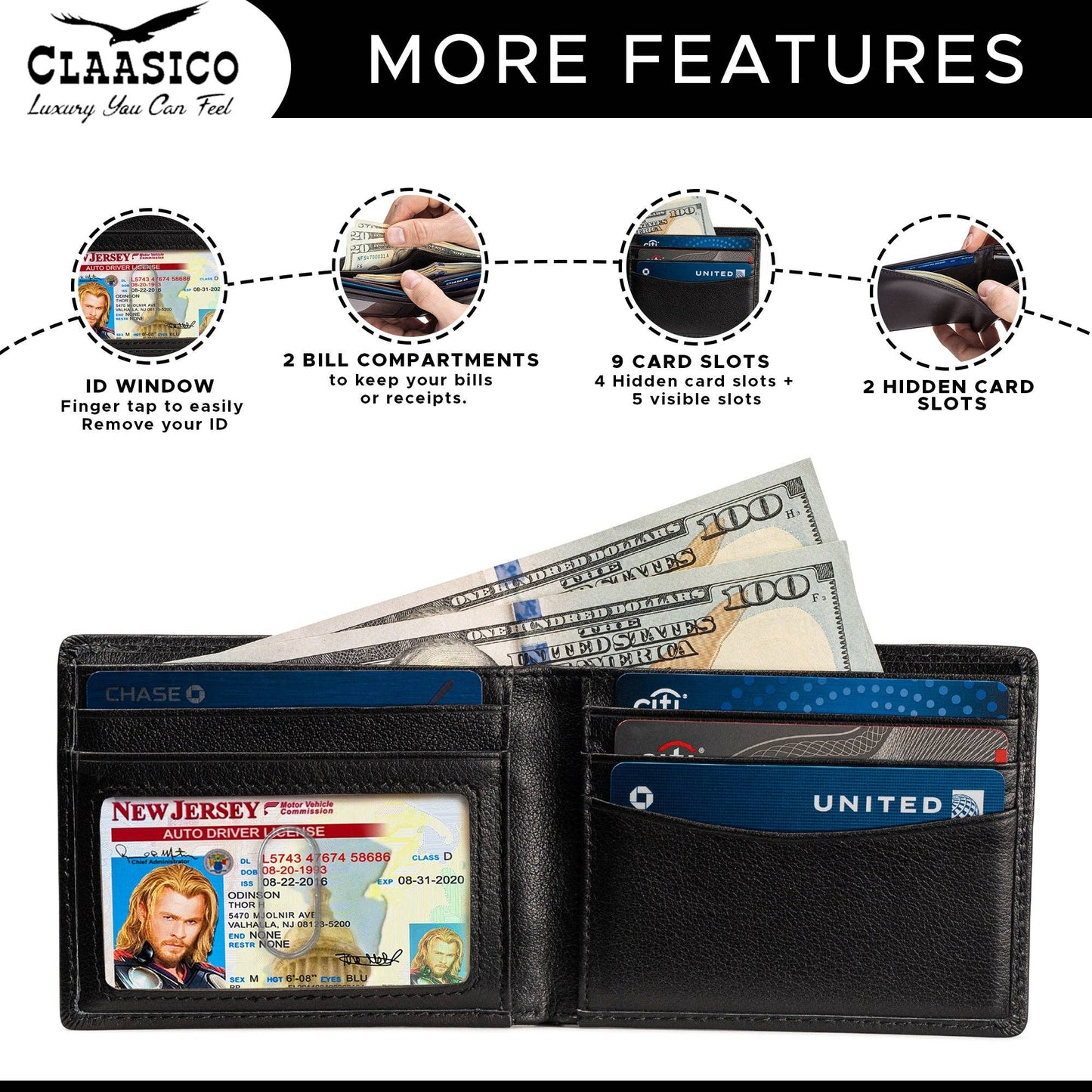 Claasico Claasico - Slimfold Bifold Leather wallet for men: Black-smooth Leather