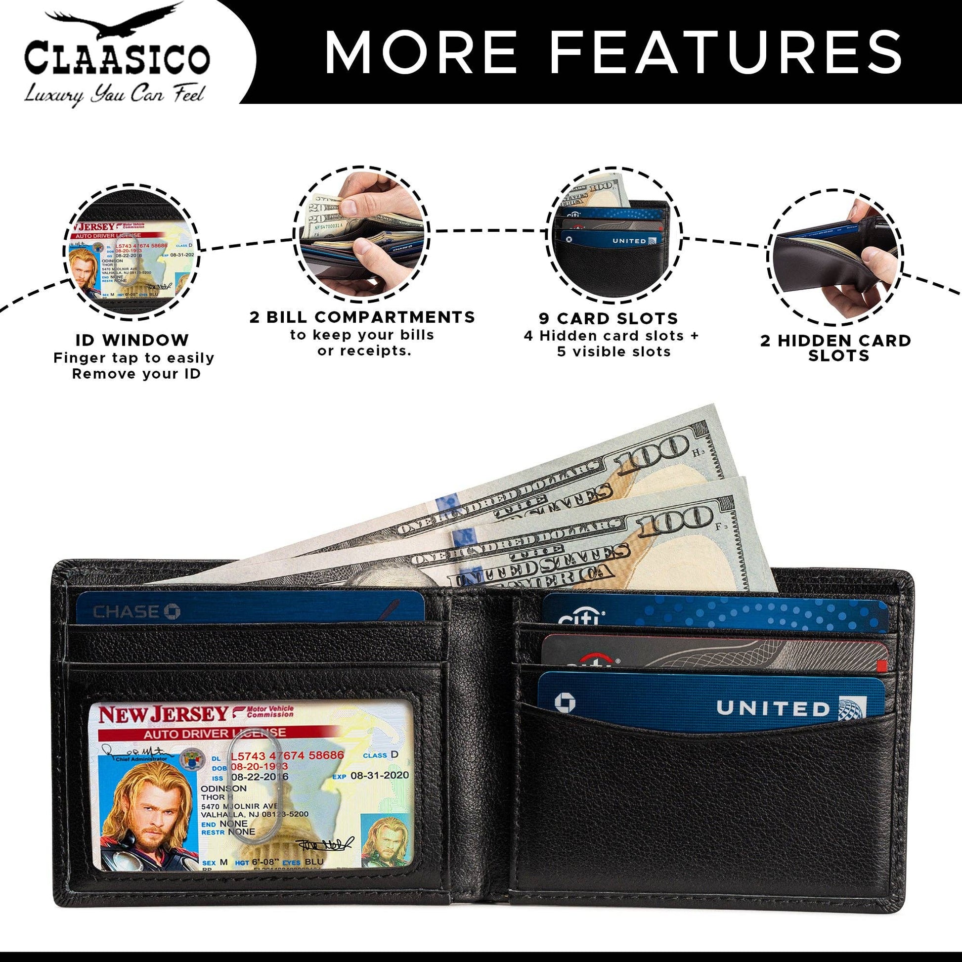 Claasico Claasico - Slimfold Bifold Leather wallet for men: Black-smooth Leather