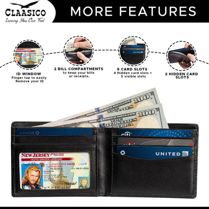 Claasico Claasico - Slimfold Bifold Leather wallet for men: Black-smooth Leather