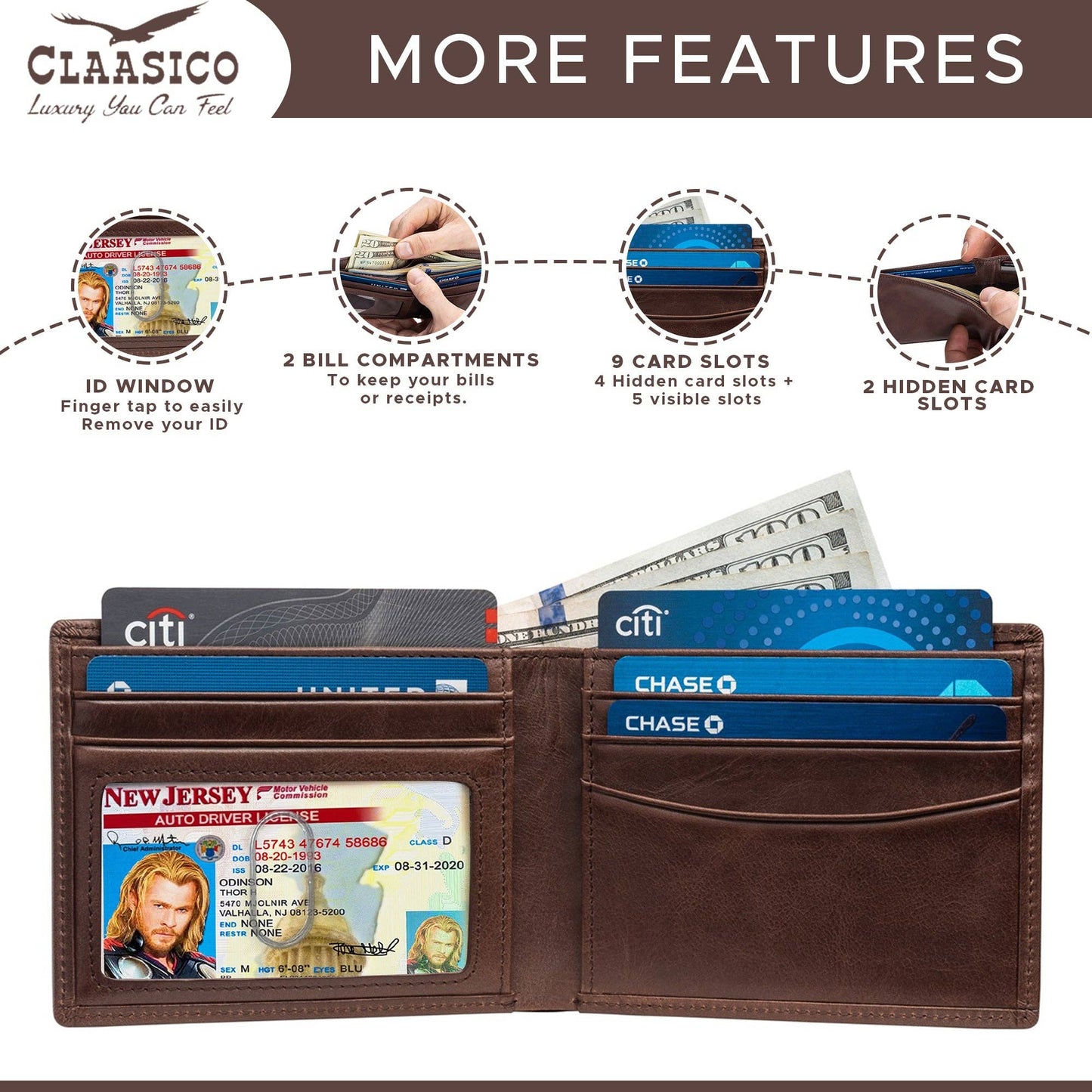 Claasico Claasico - Slimfold Bifold Leather wallet for men: Black-smooth Leather