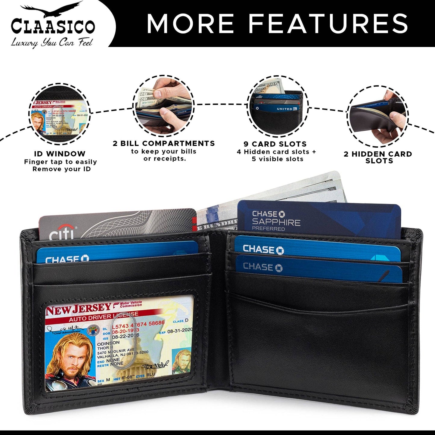 Claasico Claasico - Slimfold Bifold Leather wallet for men: Black-smooth Leather