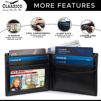 Claasico Claasico - Slimfold Bifold Leather wallet for men: Black-smooth Leather