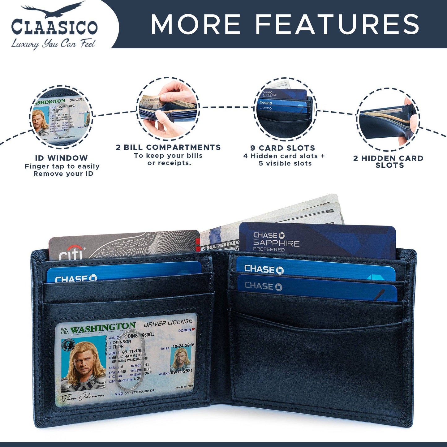 Claasico Claasico - Slimfold Bifold Leather wallet for men: Black-smooth Leather