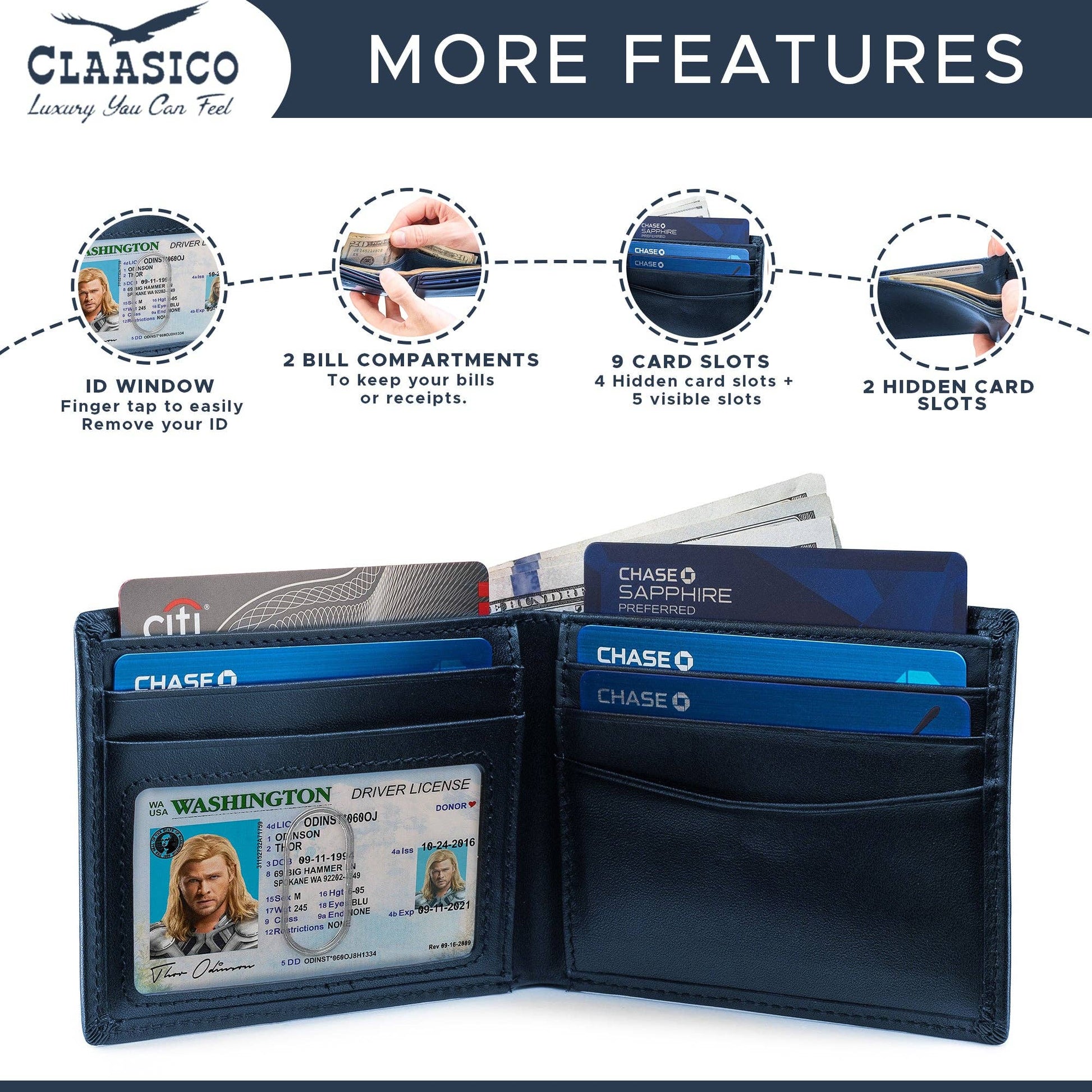 Claasico Claasico - Slimfold Bifold Leather wallet for men: Black-smooth Leather
