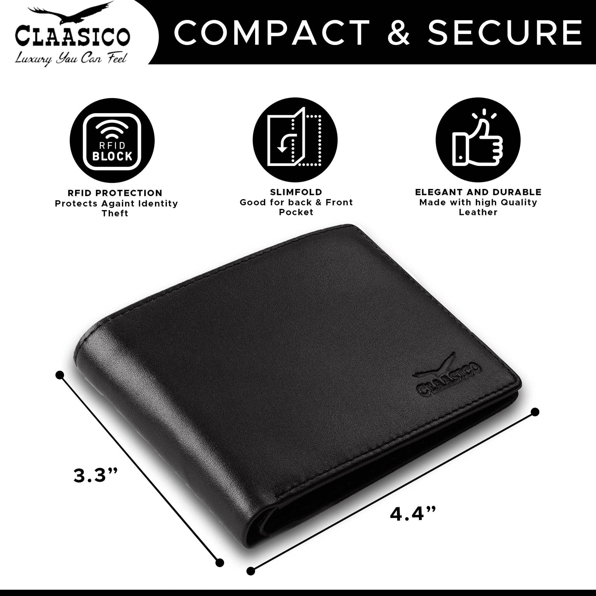 Claasico Claasico - Slimfold Bifold Leather wallet for men: Black-smooth Leather