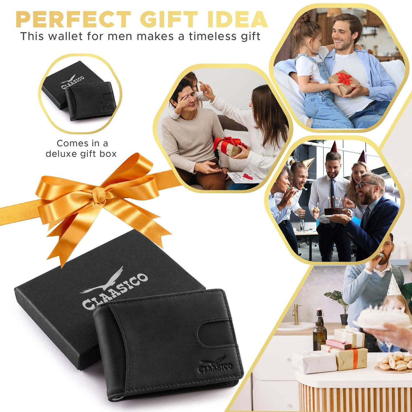 Claasico Claasico - Small bifold leather money clip wallet with pull strap: Black