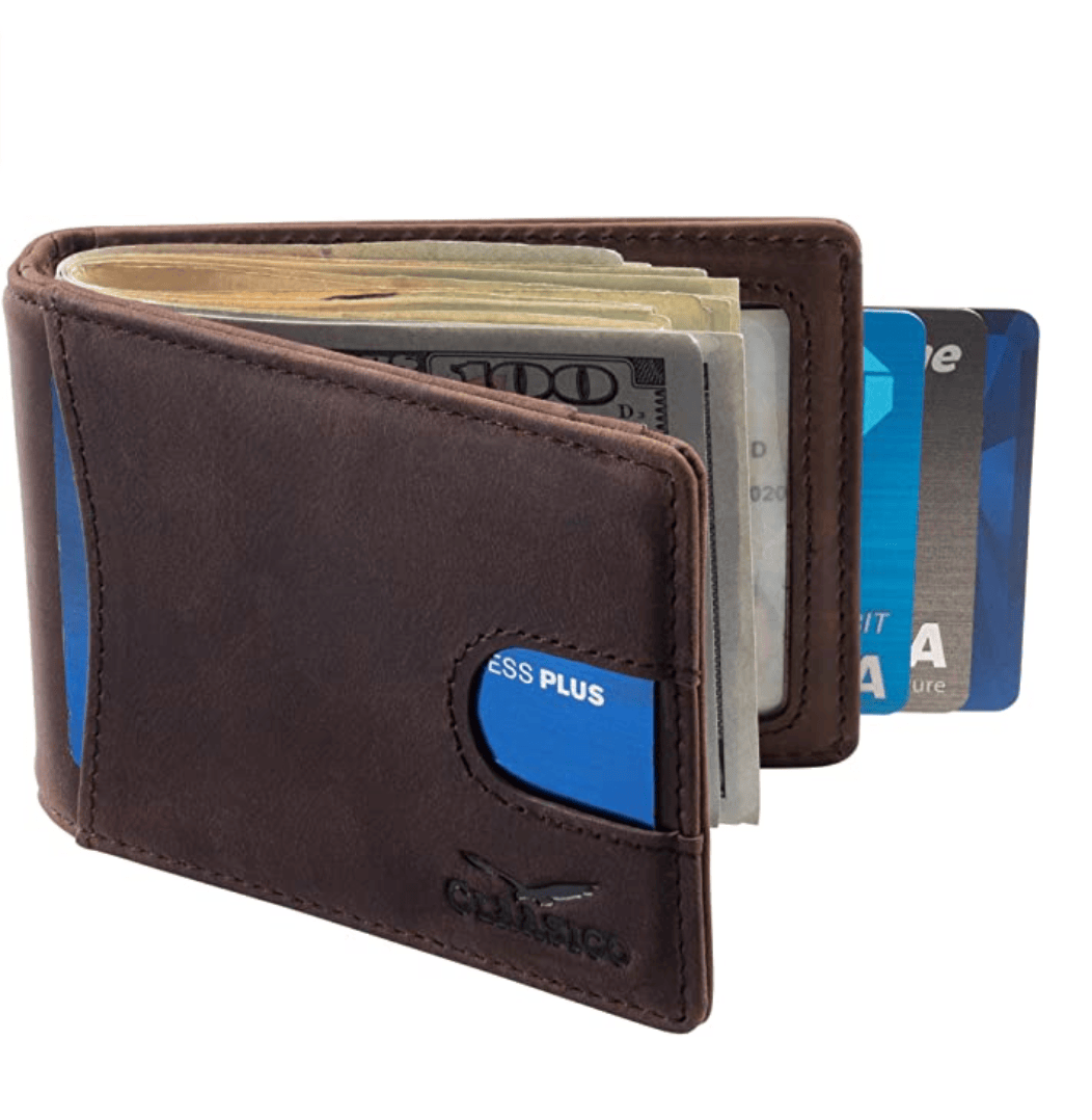 Claasico Claasico - Small bifold leather money clip wallet with pull strap: Black