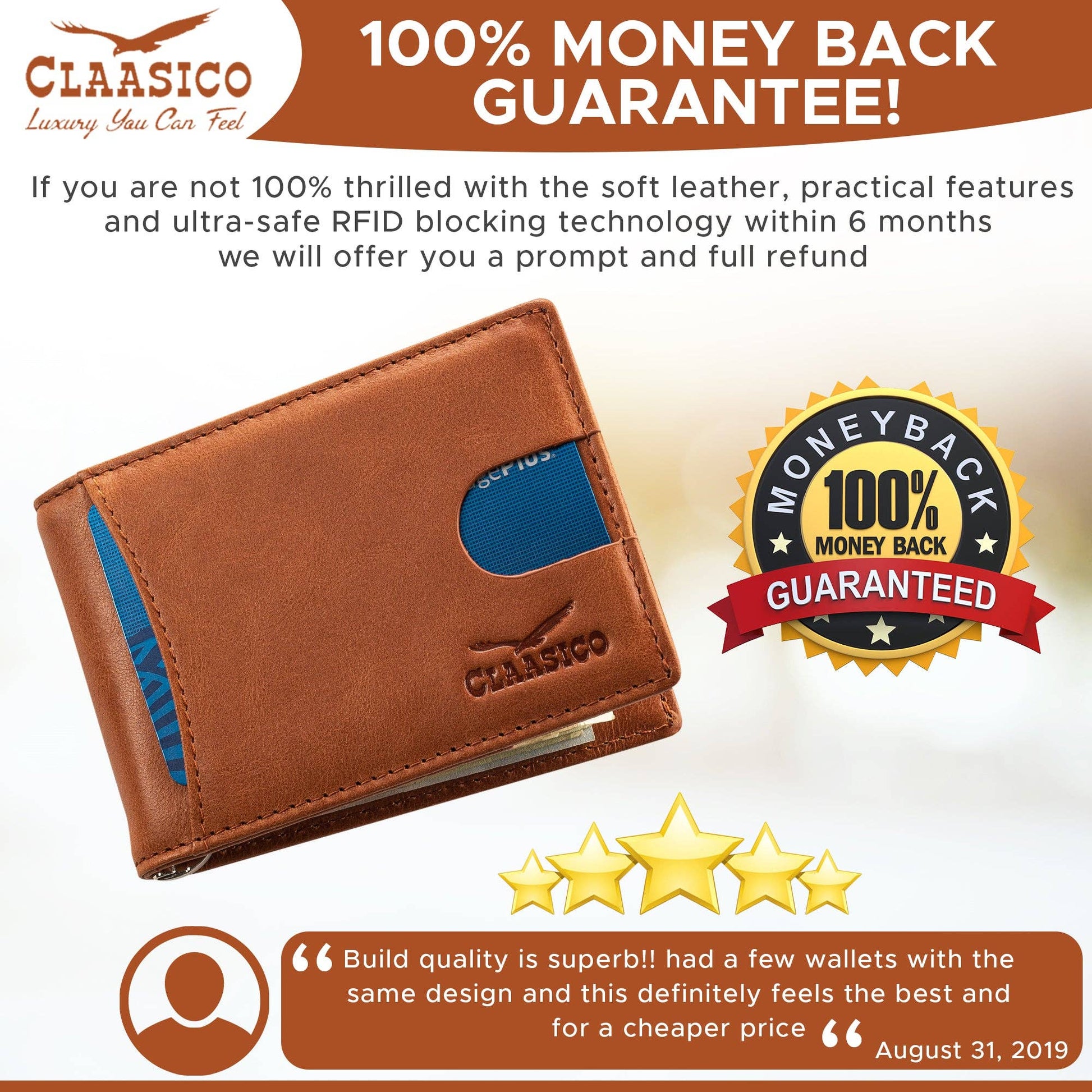 Claasico Claasico - Small bifold leather money clip wallet with pull strap: Black