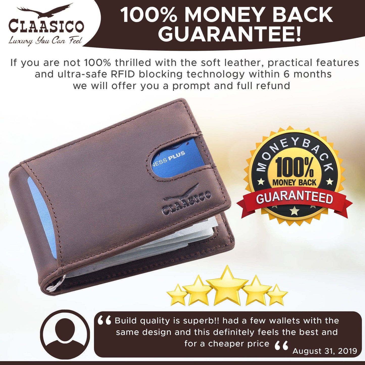 Claasico Claasico - Small bifold leather money clip wallet with pull strap: Black