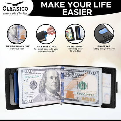 Claasico Claasico - Small bifold leather money clip wallet with pull strap: Black