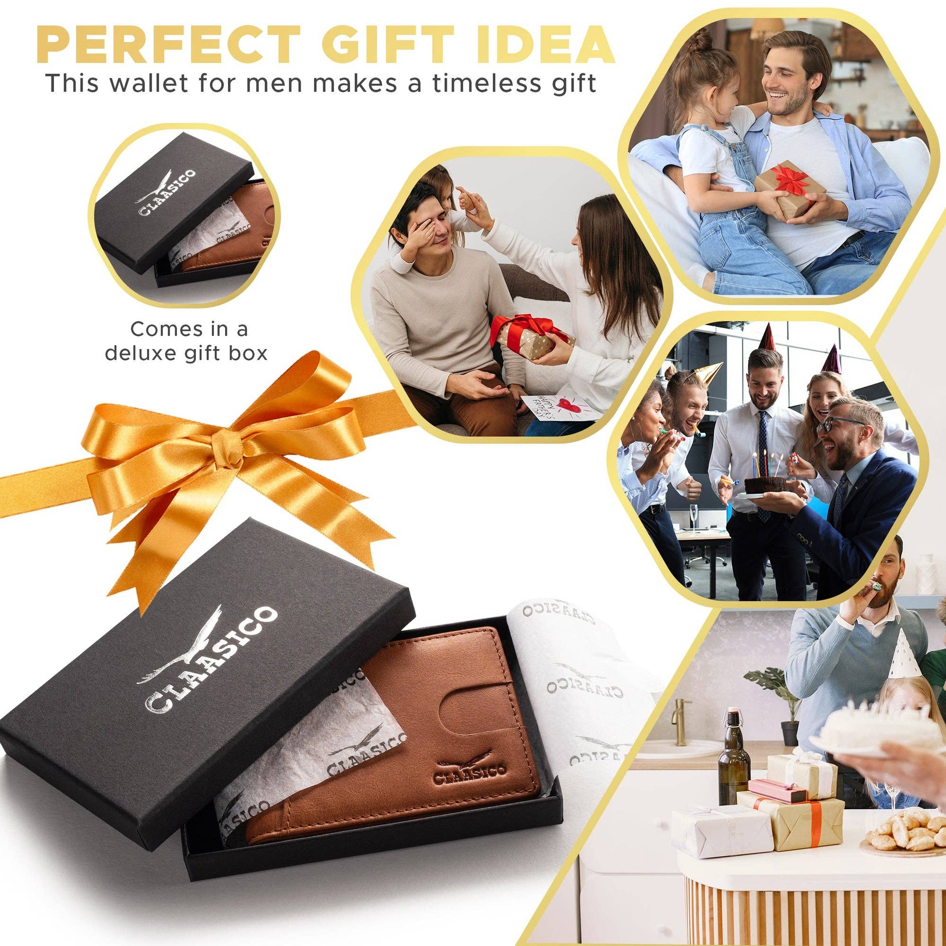 Claasico Claasico - Small bifold leather money clip wallet with pull strap: Black