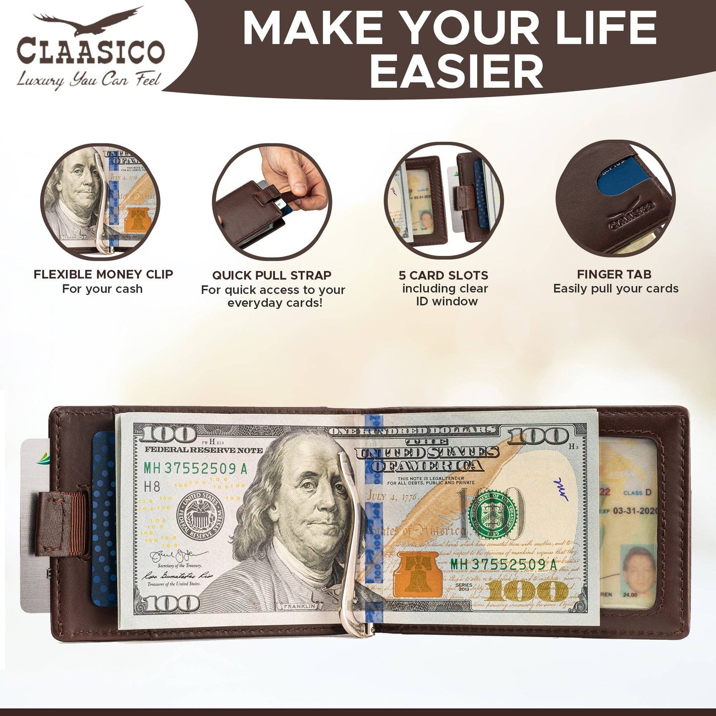 Claasico Claasico - Small bifold leather money clip wallet with pull strap: Black