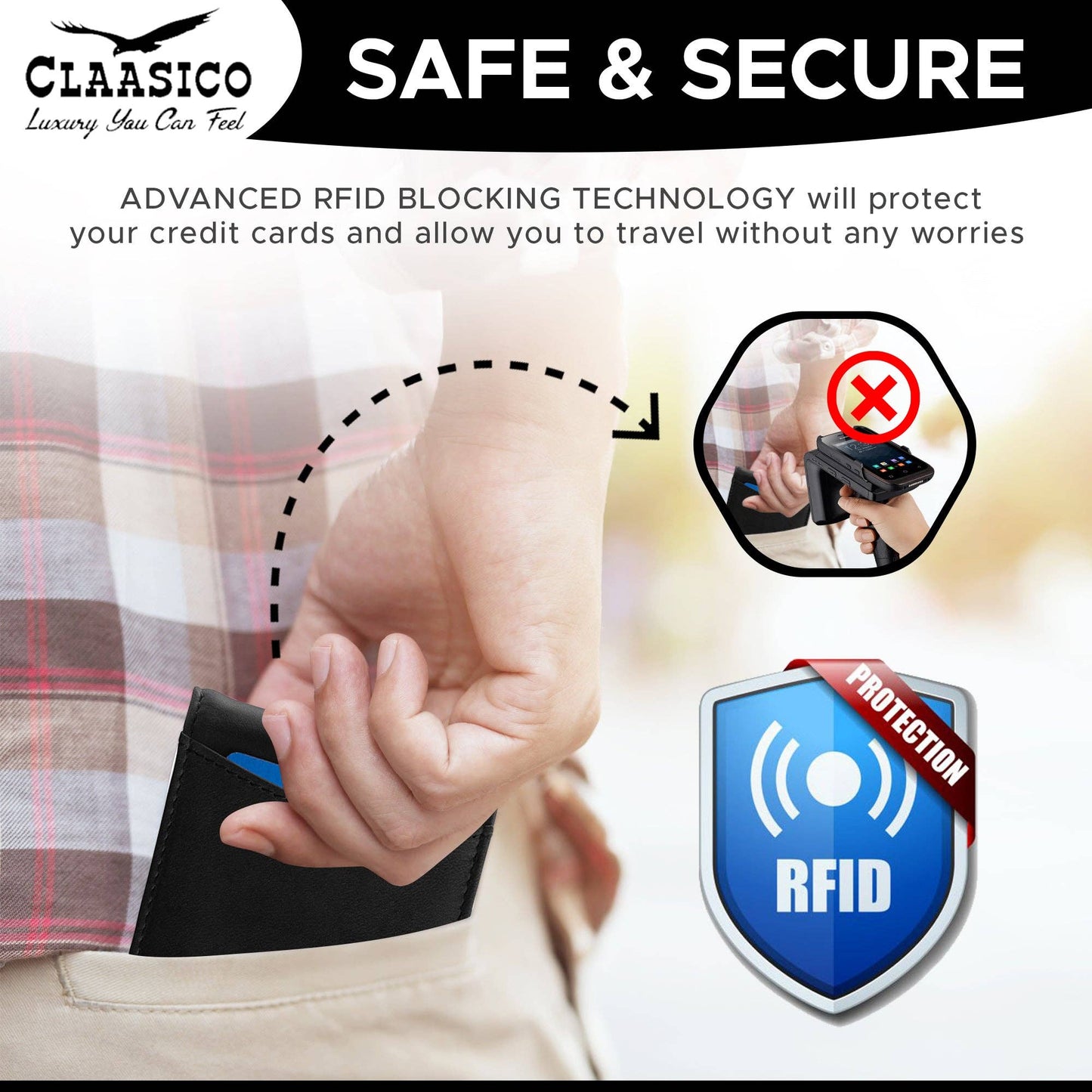 Claasico Claasico - Small bifold leather money clip wallet with pull strap: Black