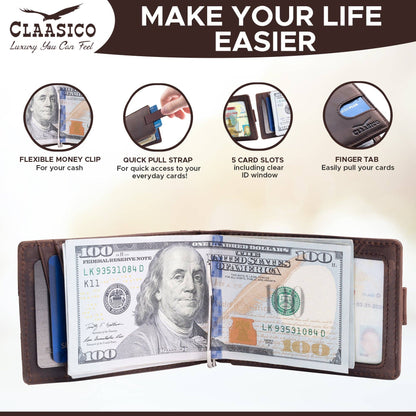 Claasico Claasico - Small bifold leather money clip wallet with pull strap: California Dessert