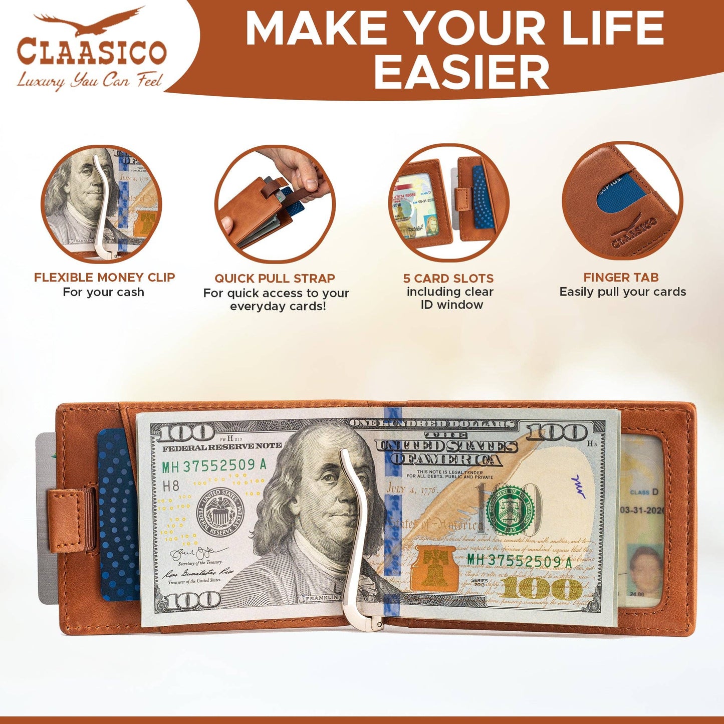 Claasico Claasico - Small bifold leather money clip wallet with pull strap: California Dessert