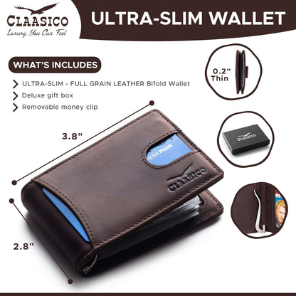 Claasico Claasico - Small bifold leather money clip wallet with pull strap: California Dessert