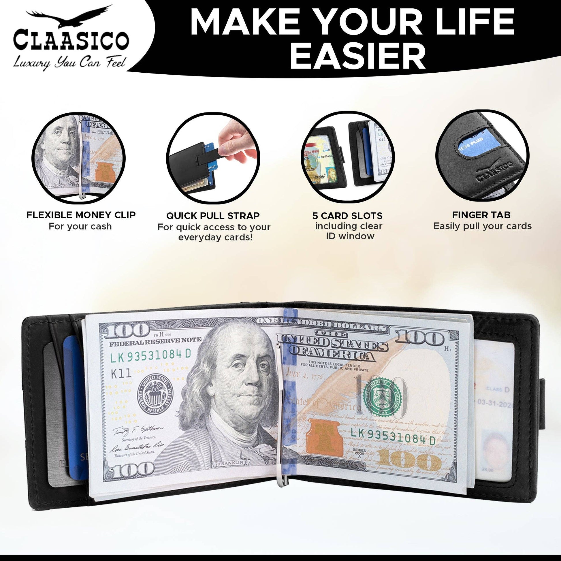 Claasico Claasico - Small bifold leather money clip wallet with pull strap: California Dessert