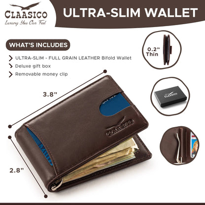 Claasico Claasico - Small bifold leather money clip wallet with pull strap: California Dessert
