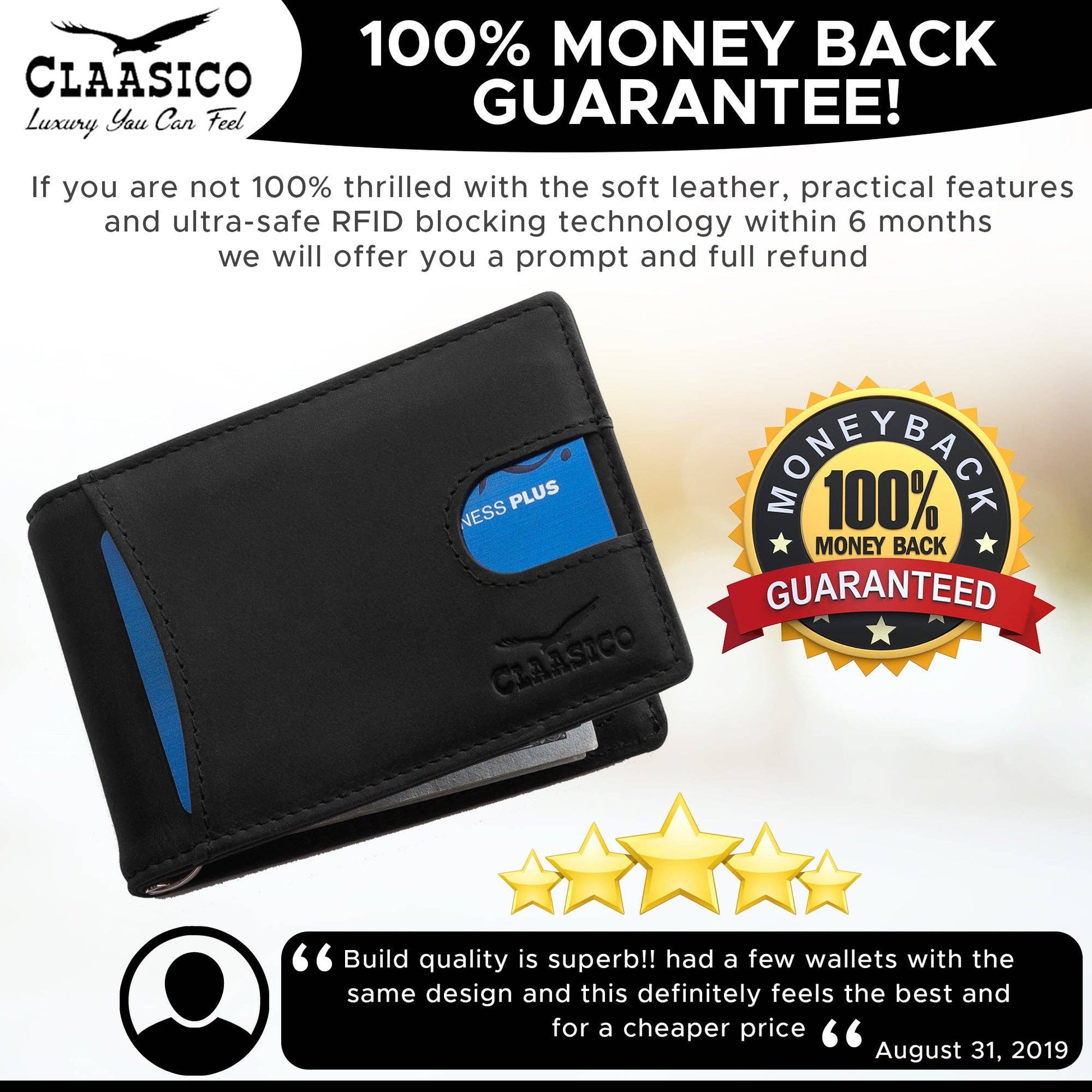 Claasico Claasico - Small bifold leather money clip wallet with pull strap: California Dessert