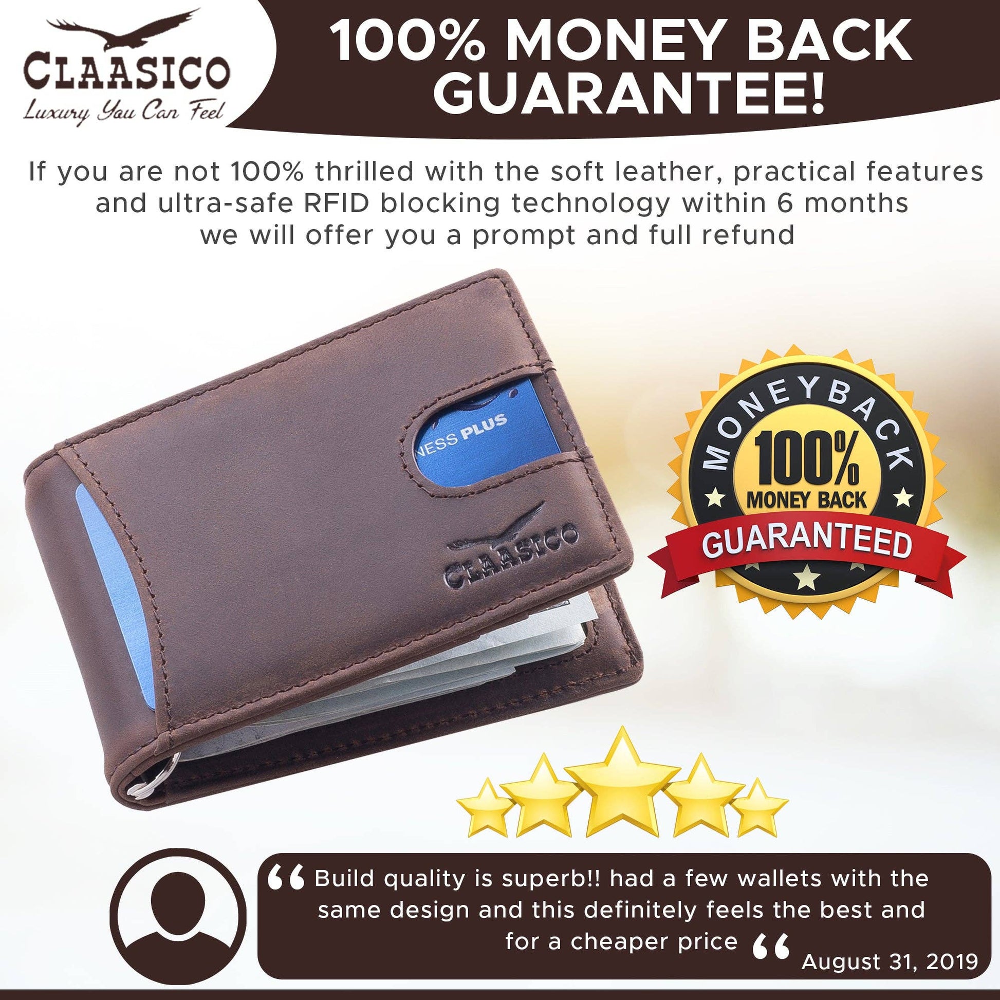 Claasico Claasico - Small bifold leather money clip wallet with pull strap: Light Gray