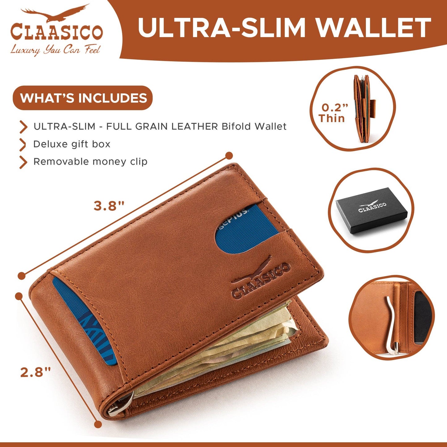 Claasico Claasico - Small bifold leather money clip wallet with pull strap: Light Gray