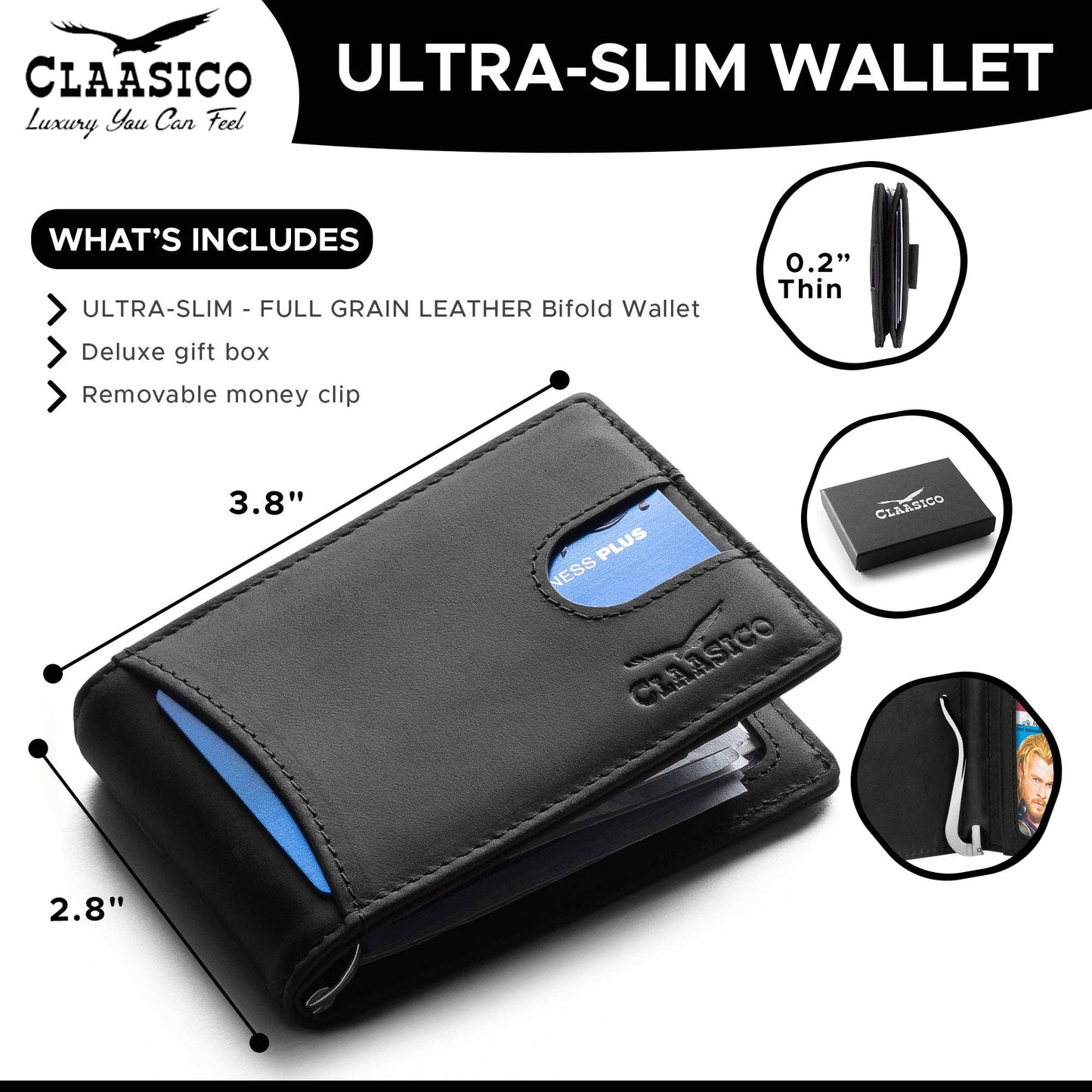 Claasico Claasico - Small bifold leather money clip wallet with pull strap: Light Gray