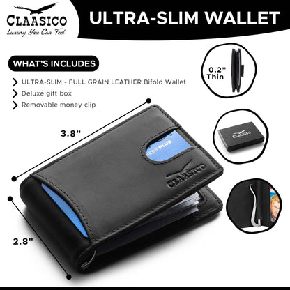 Claasico Claasico - Small bifold leather money clip wallet with pull strap: Light Gray