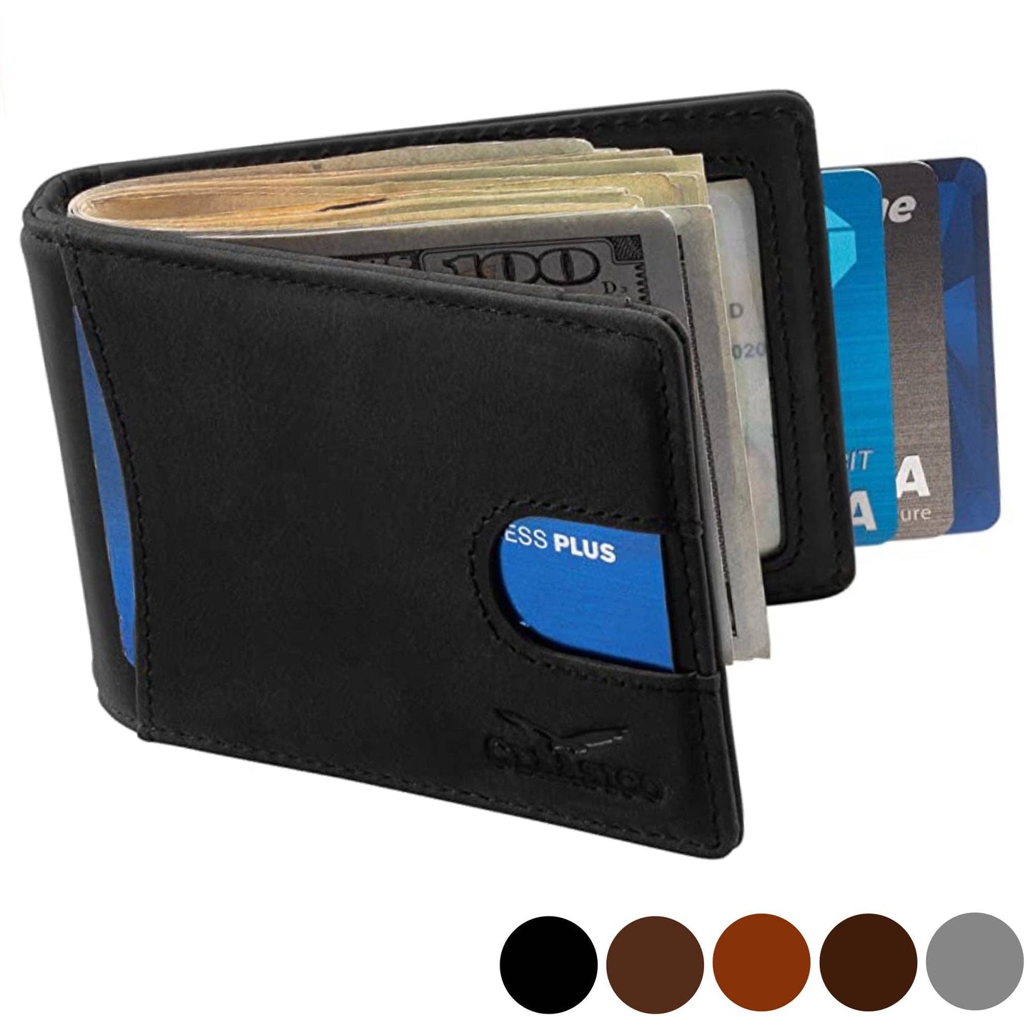 Claasico Claasico - Small bifold leather money clip wallet with pull strap: Light Gray