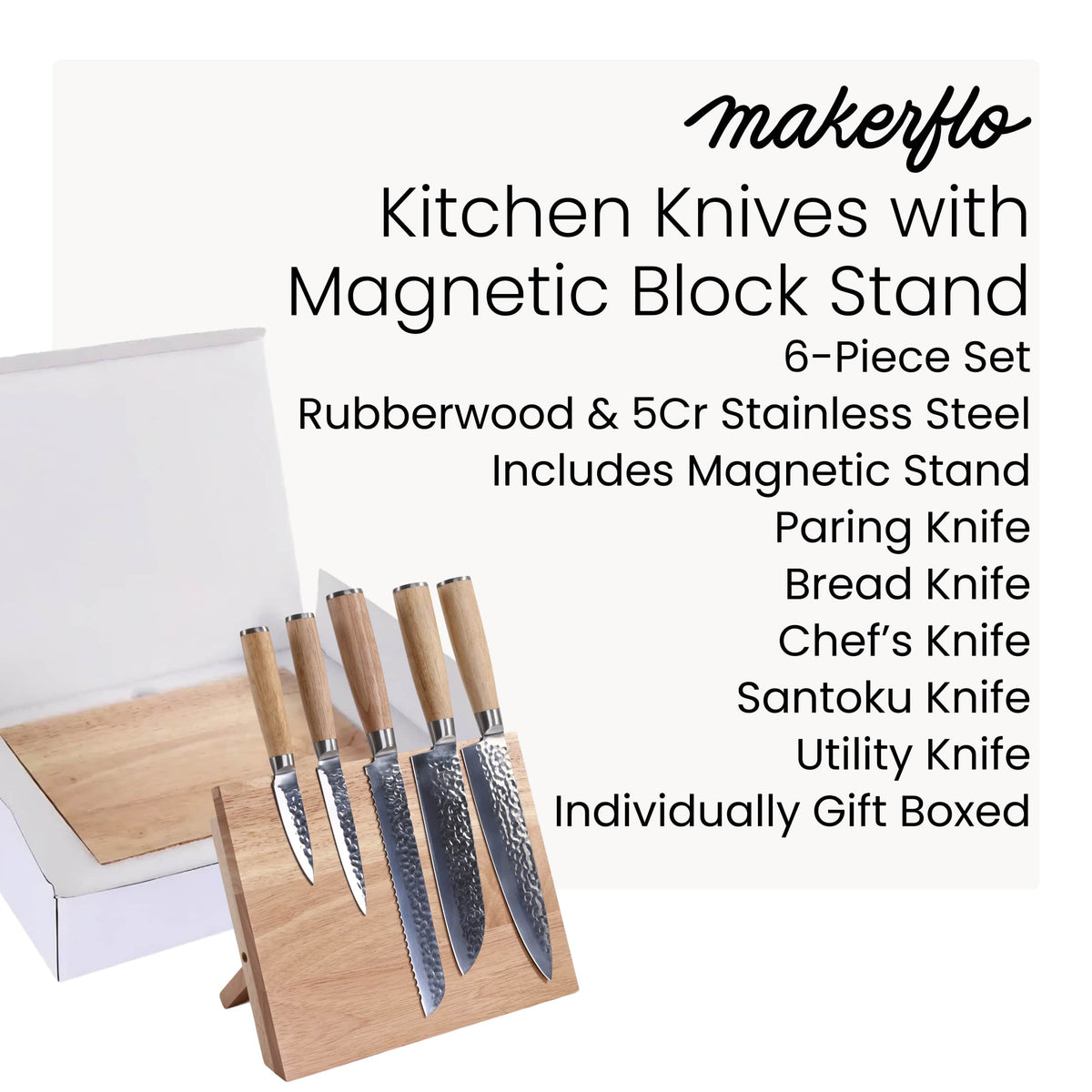MakerFlo - Kitchen Knife Set with Magnetic Block Stand: Case of 5