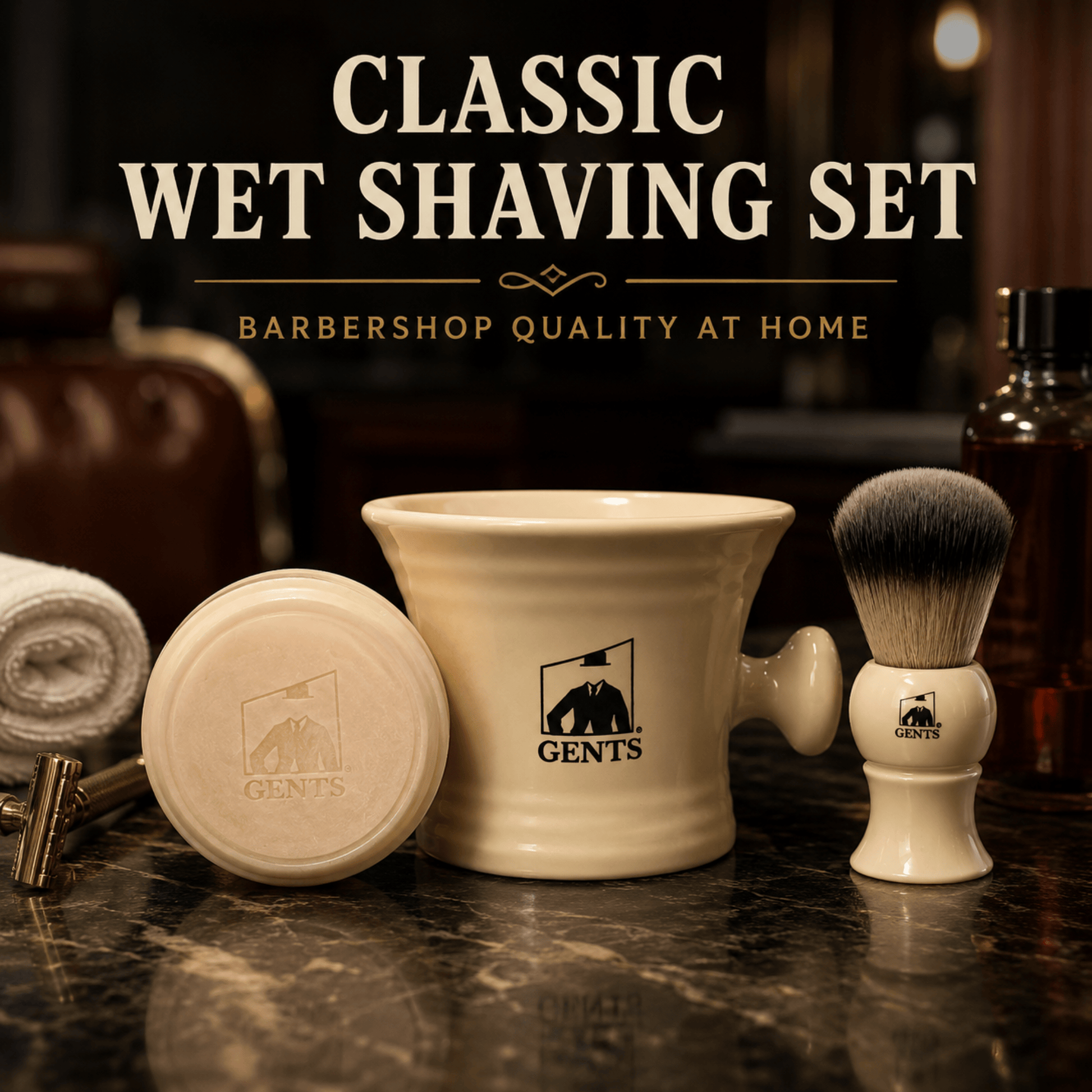 GENTS FINE GROOMING PRODUCTS GENTS FINE GROOMING PRODUCTS - GBS 3 Piece  Mug, brush and Shaving soap Set: Ivory