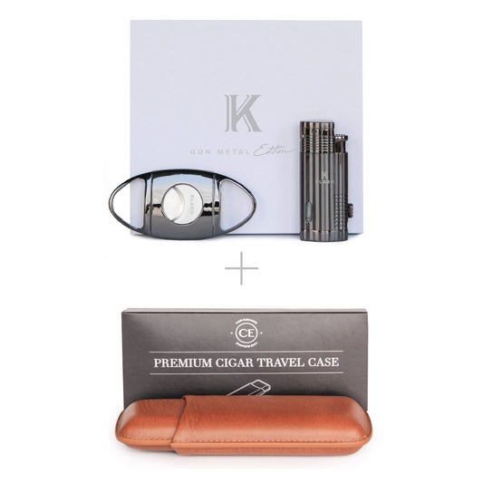 Premium Gunmetal Accessory Bundle - Cigar Cutter, Torch Lighter, Travel Case