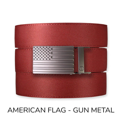 Tough Apparel - Brick Red Canvas+ Ratchet Belt & Buckle Set: American Flag - Gun Metal