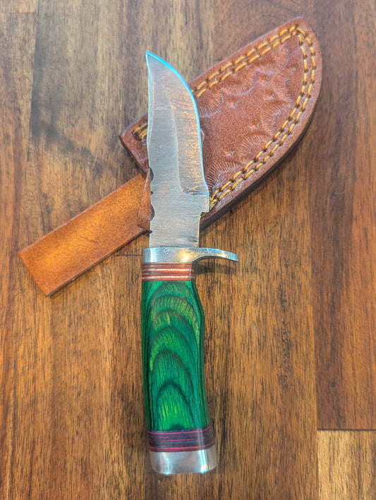 El Matador Knives Damascus Knife Green Wood Handle - Small Damascus Skinner