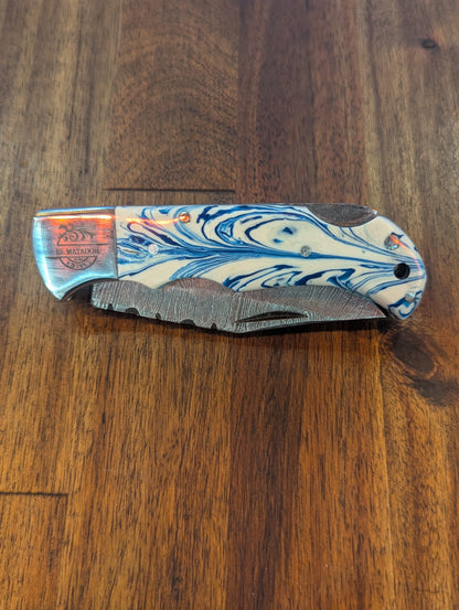 El Matador Knives Damascus Pocket Knife Blue and White Swirl Resin Damascus Pocket Knife