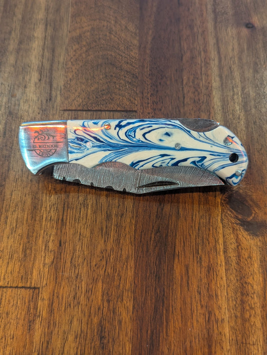 El Matador Knives Damascus Pocket Knife Blue and White Swirl Resin Damascus Pocket Knife