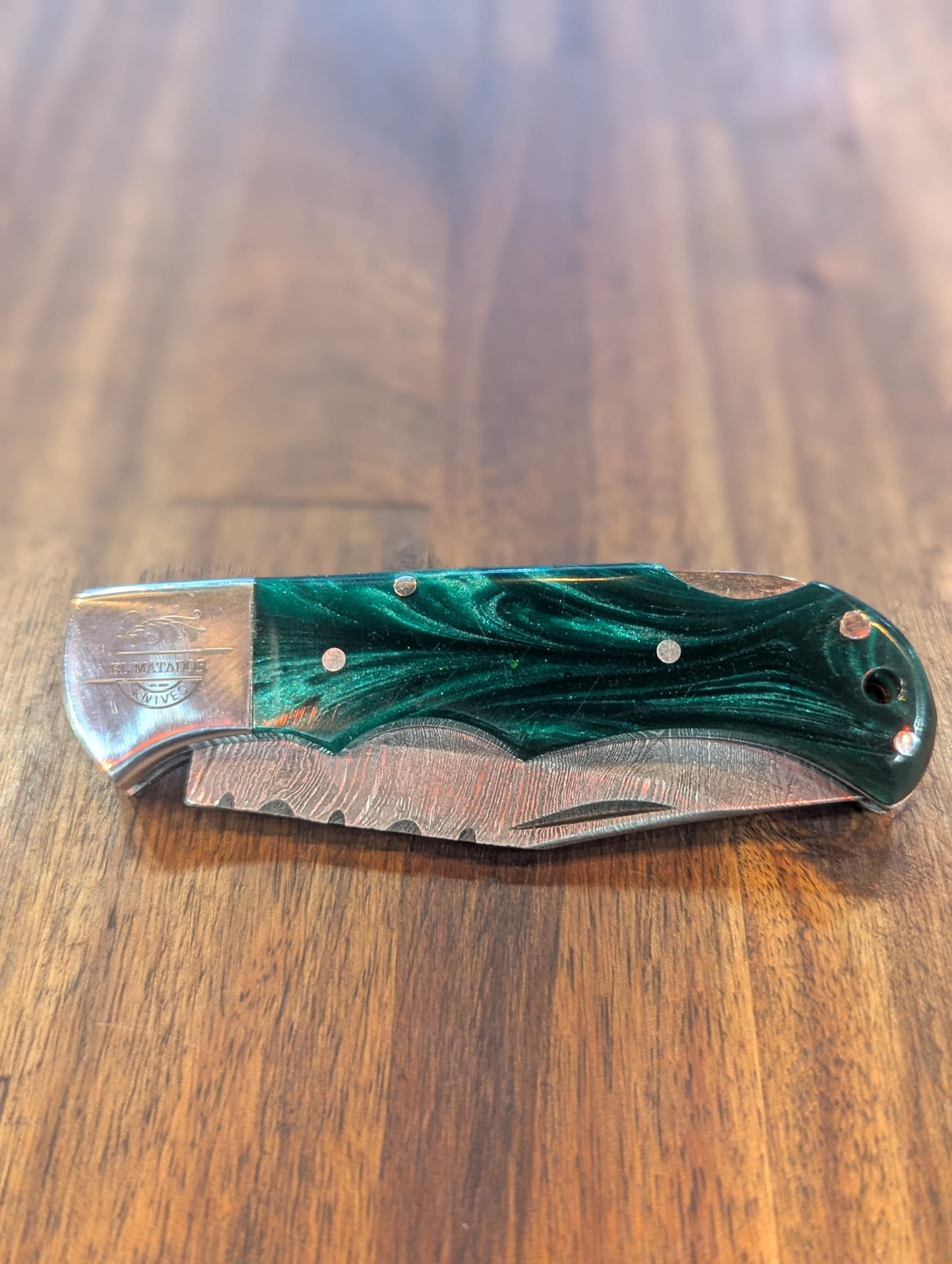 El Matador Knives Damascus Pocket Knife Dark Green Resin Damascus Pocket Knife